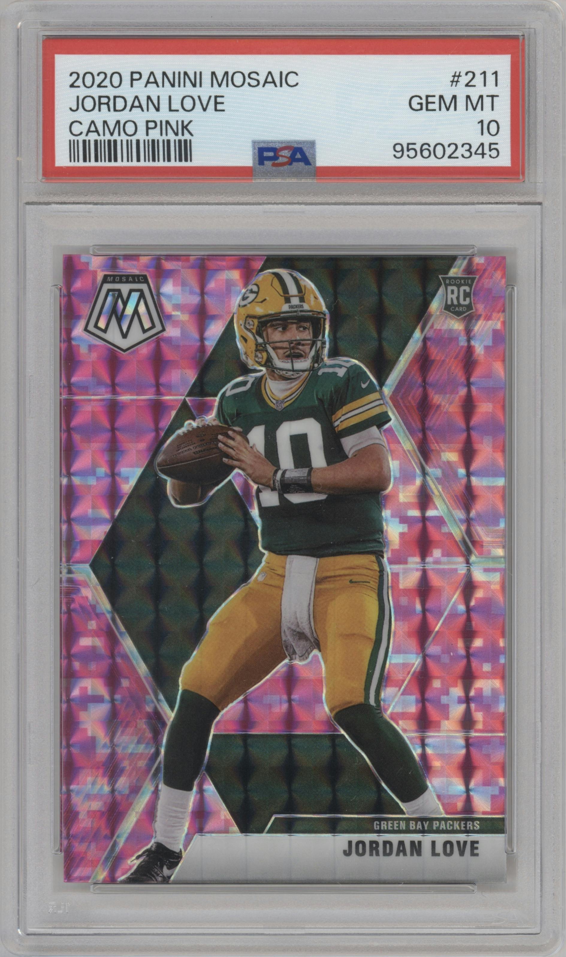 Jordan Love from the 2020 Panini Mosaic set featuring a Pink Camo parallel graded by PSA and given an overall grade of 10.
