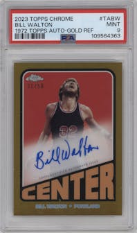 Bill Walton from the 2023-24 Topps Chrome set featuring a Gold Refractor parallel graded by PSA and given an overall grade of 9.