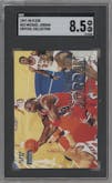 Michael Jordan from the 1997-98 Fleer set featuring a Crystal parallel graded by SGC and given an overall grade of 8.5.