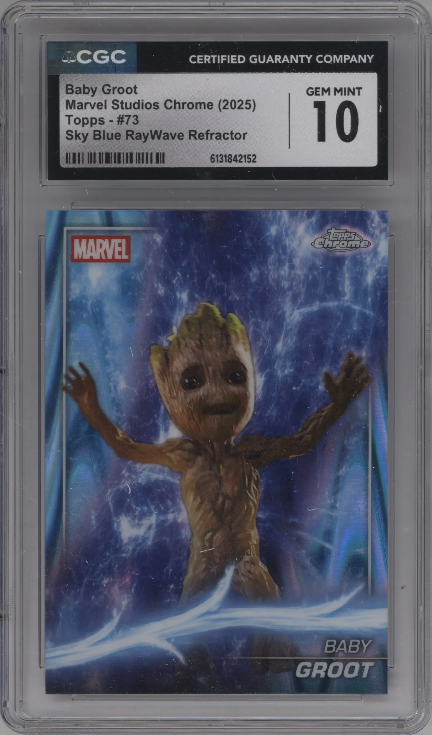 2025 Topps Chrome Marvel Studios Baby Groot Sky Blue RayWave Refractor CGC 10
