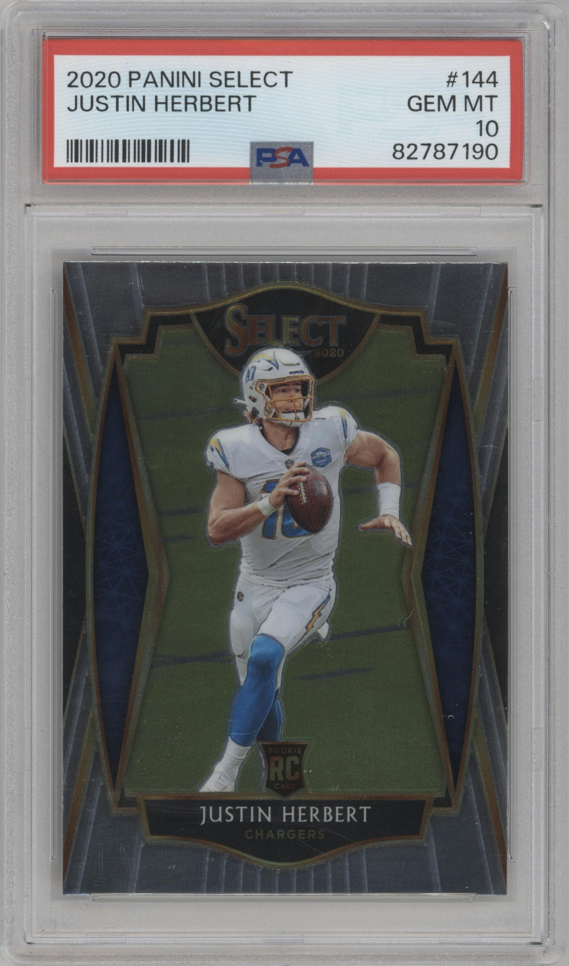 Justin Herbert from the 2020 Panini Select set graded by PSA and given an overall grade of 10.
