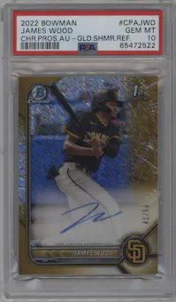 James Wood from the 2022 Bowman set featuring a Gold Shimmer Refractor parallel graded by PSA and given an overall grade of 10.