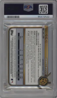 James Wood from the 2022 Bowman set featuring a Gold Shimmer Refractor parallel graded by PSA and given an overall grade of 10.