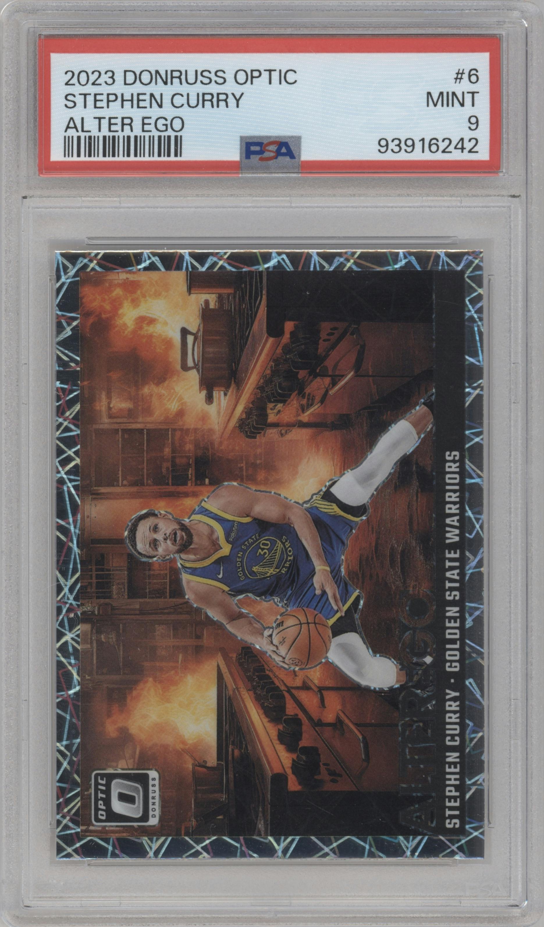 Stephen Curry from the 2023-24 Donruss Optic set graded by PSA and given an overall grade of 9.