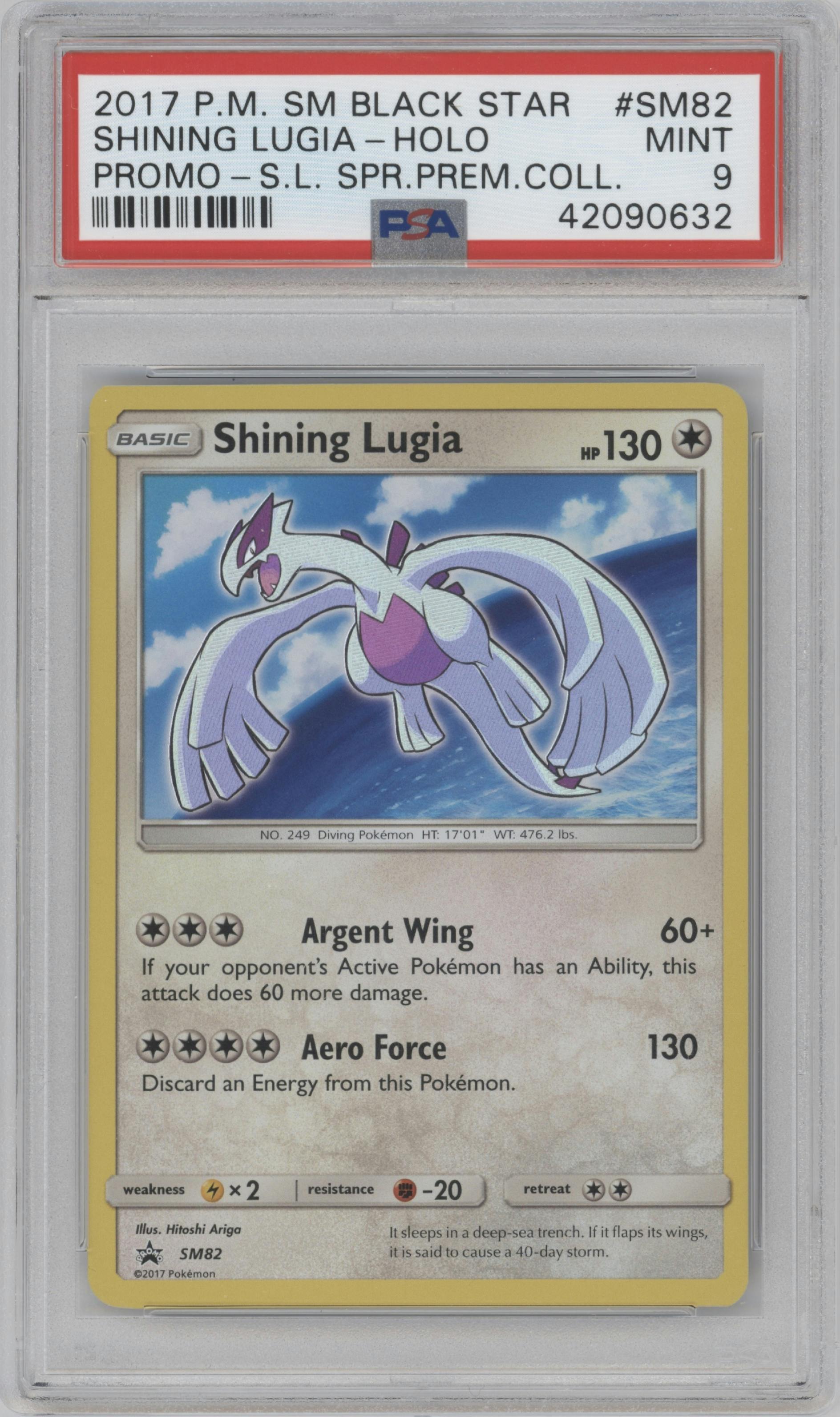 Shining Lugia from the 2017 Pokemon S&M set featuring a Shining Legends Super Premium Collection parallel graded by PSA and given an overall grade of 9.
