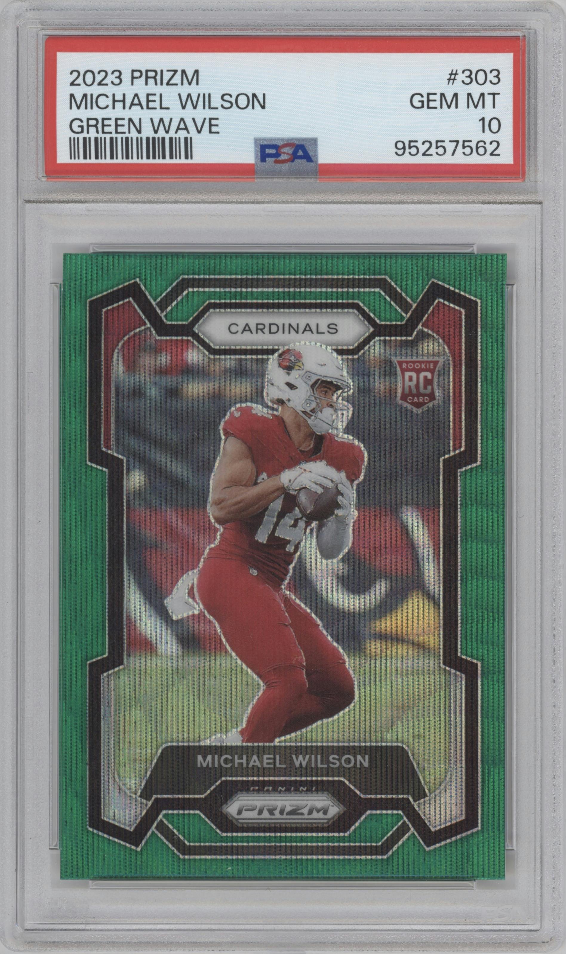 Michael Wilson from the 2023 Panini Prizm set featuring a Green Wave  parallel graded by PSA and given an overall grade of 10.