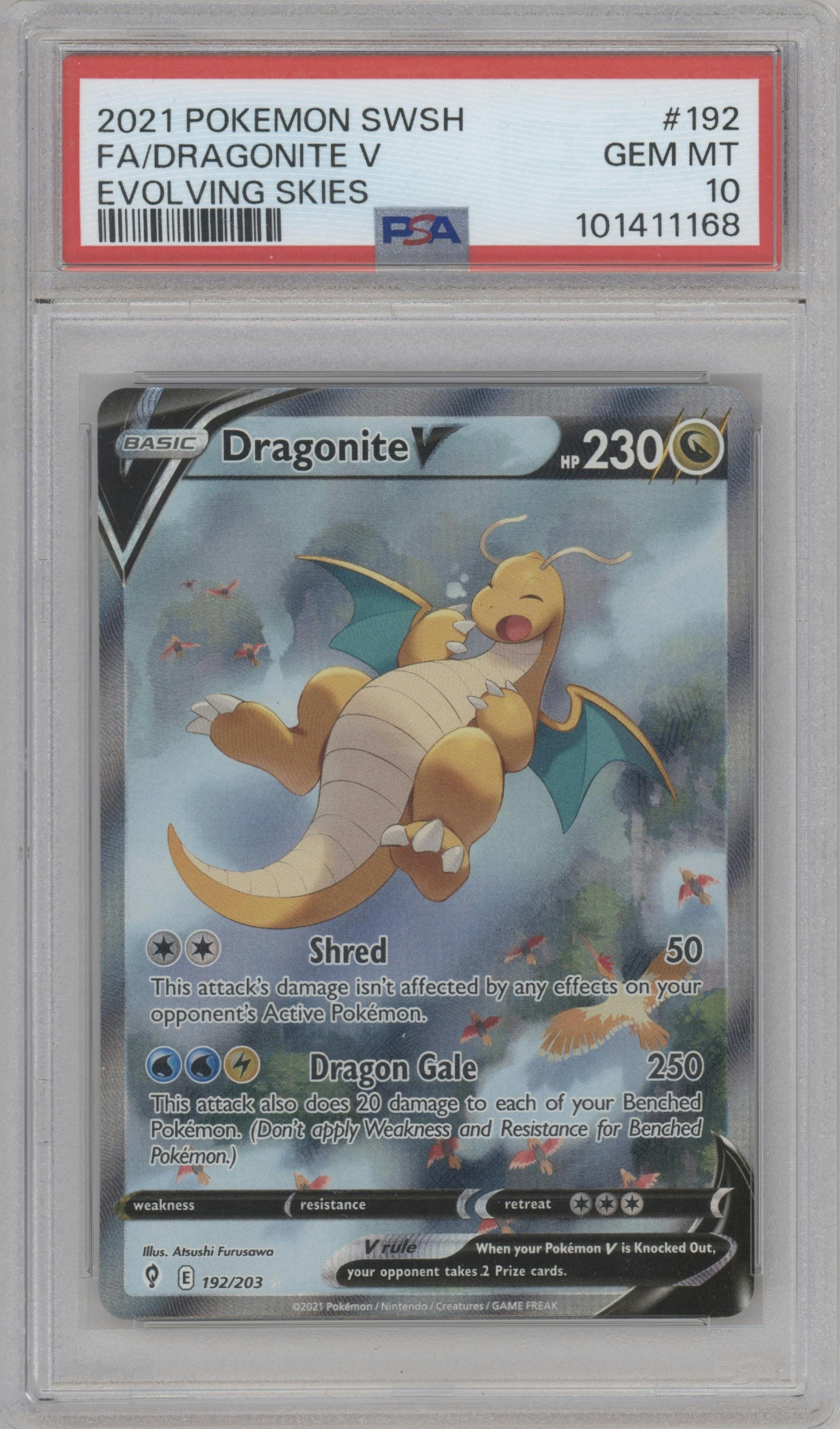 Dragonite V from the 2021 Pokemon SWSH set graded by PSA and given an overall grade of 10.