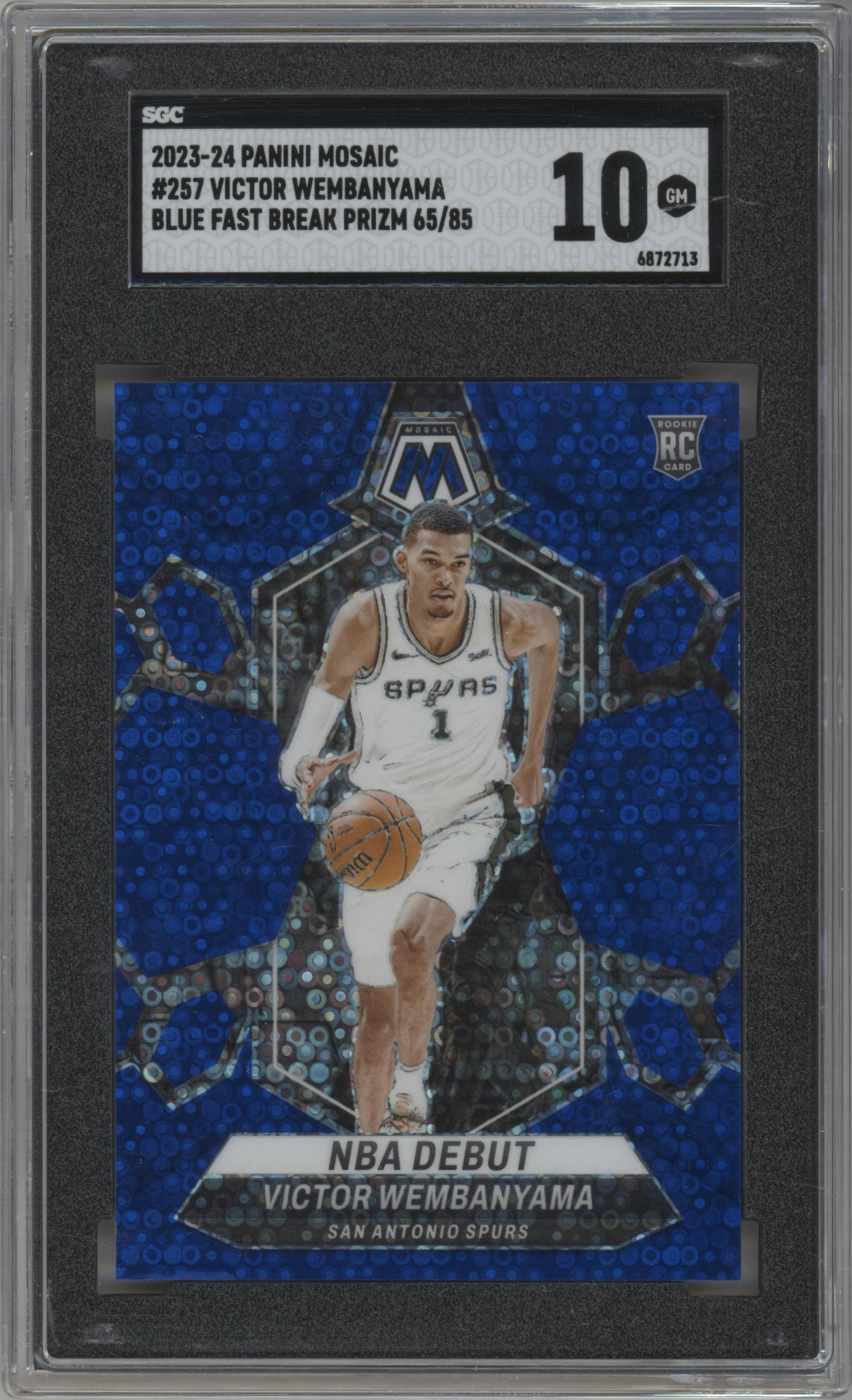 Victor Wembanyama from the 2023-24 Panini Mosaic set featuring a Fast Break Blue parallel graded by SGC and given an overall grade of 10.