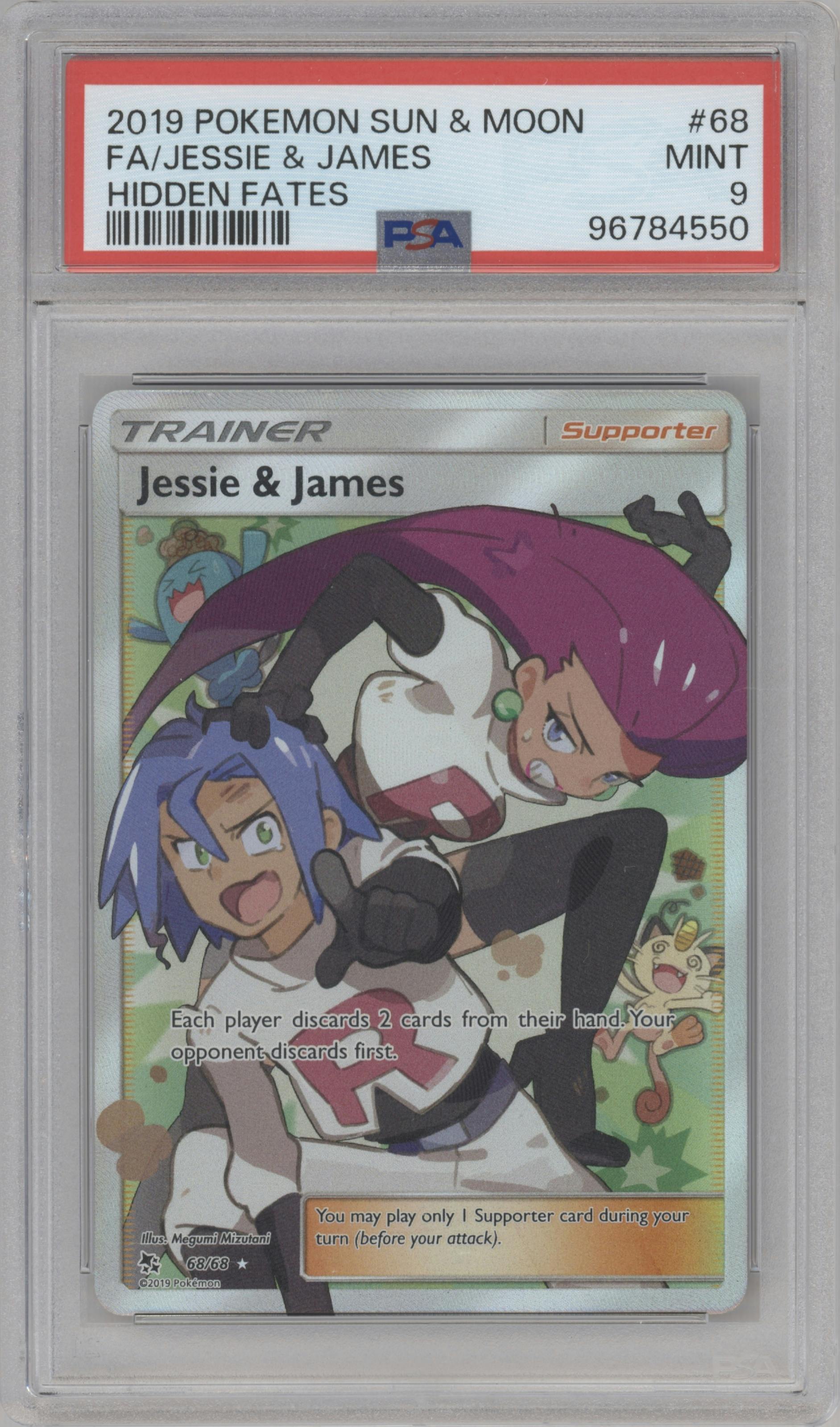 Jessie/James from the 2019 Pokemon S&M  set graded by PSA and given an overall grade of 9.