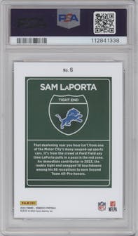 Sam LaPorta from the 2024 Donruss set graded by PSA and given an overall grade of 9.