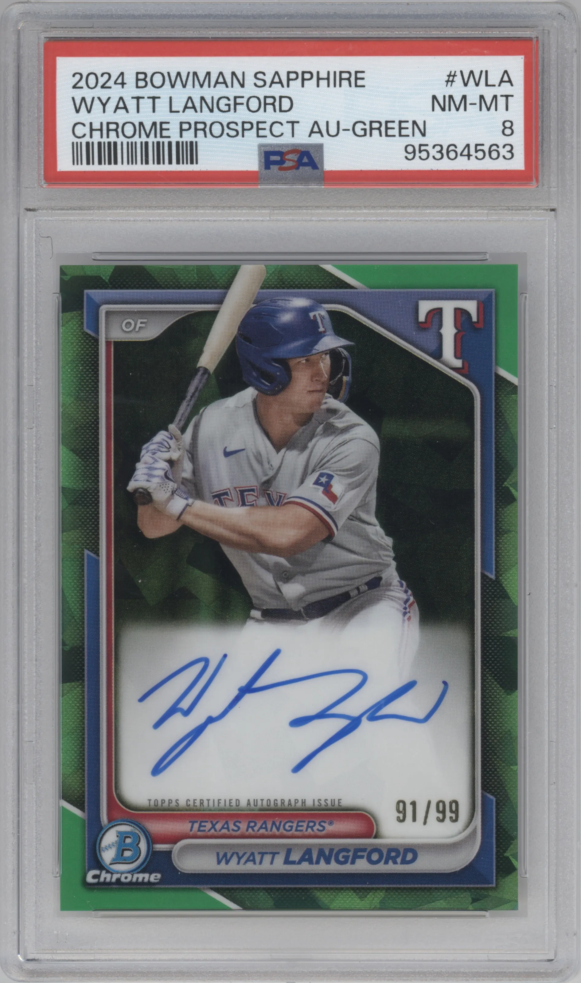 2024 Bowman Sapphire Edition Chr.Pros.Auto Wyatt Langford Green PSA 8