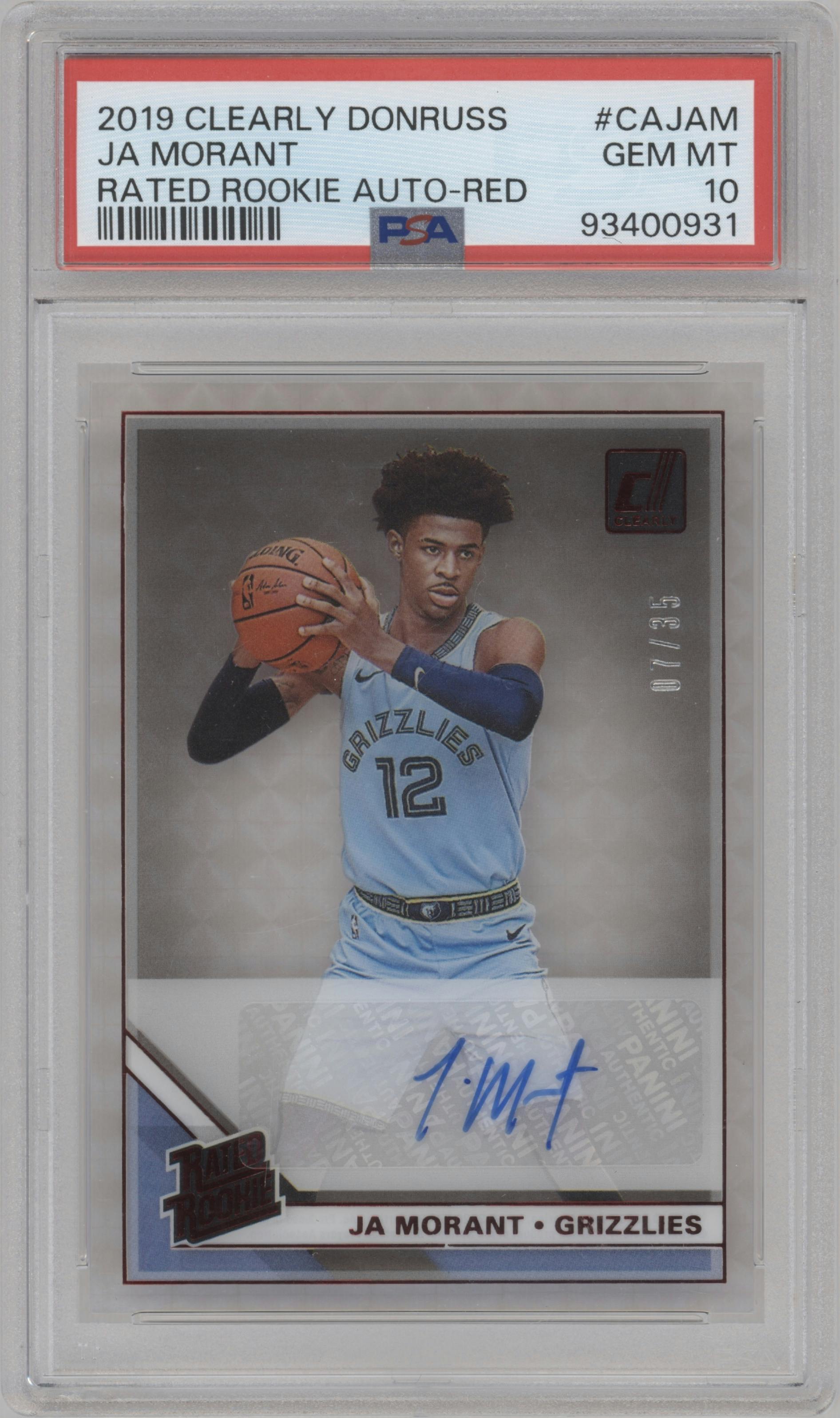 Ja Morant from the 2019-20 Panini Clearly Donruss set featuring a Red parallel graded by PSA and given an overall grade of 10.