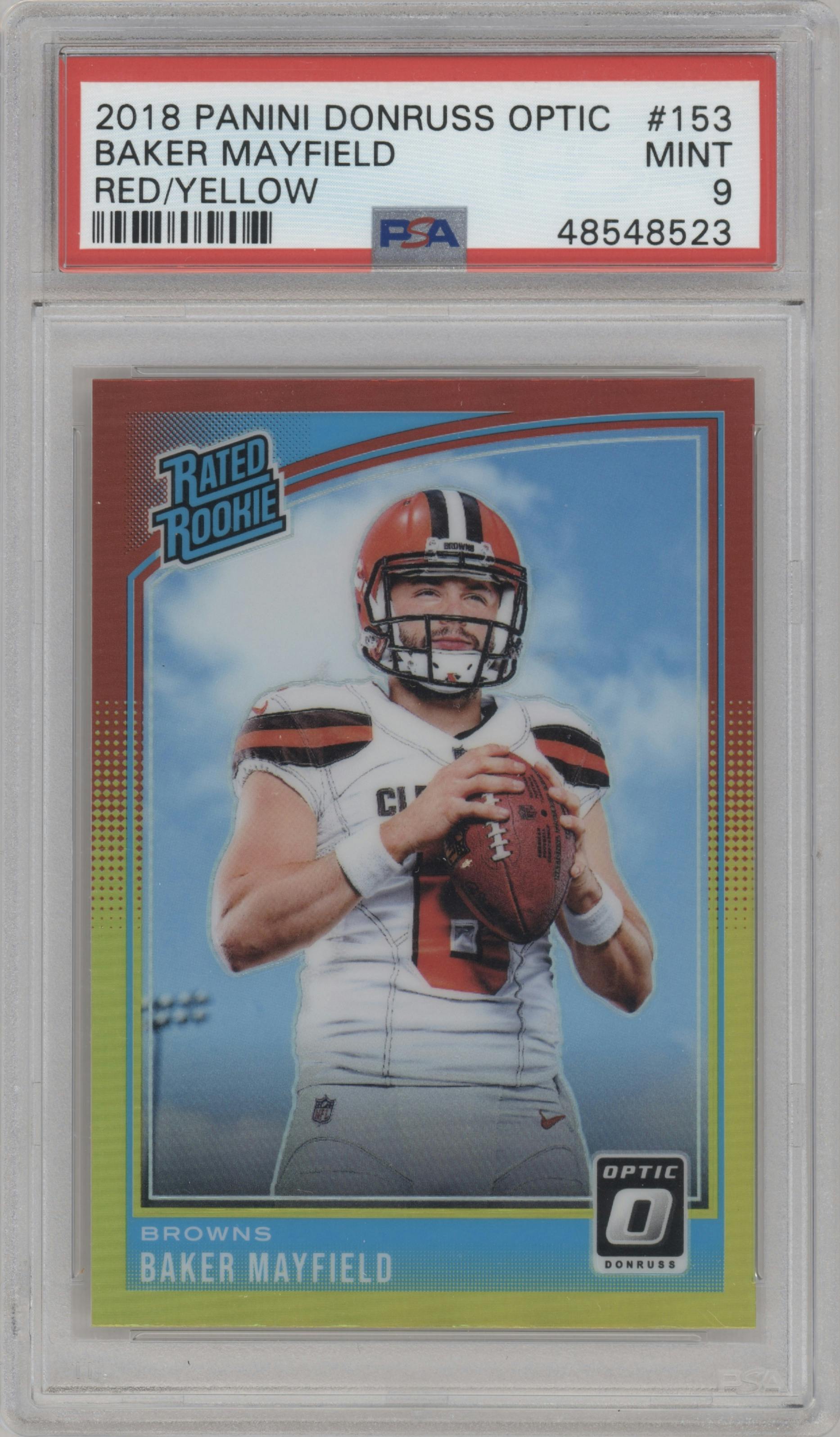 Baker Mayfield from the 2018 Panini Donruss Optic set featuring a Red/Yellow parallel graded by PSA and given an overall grade of 9.
