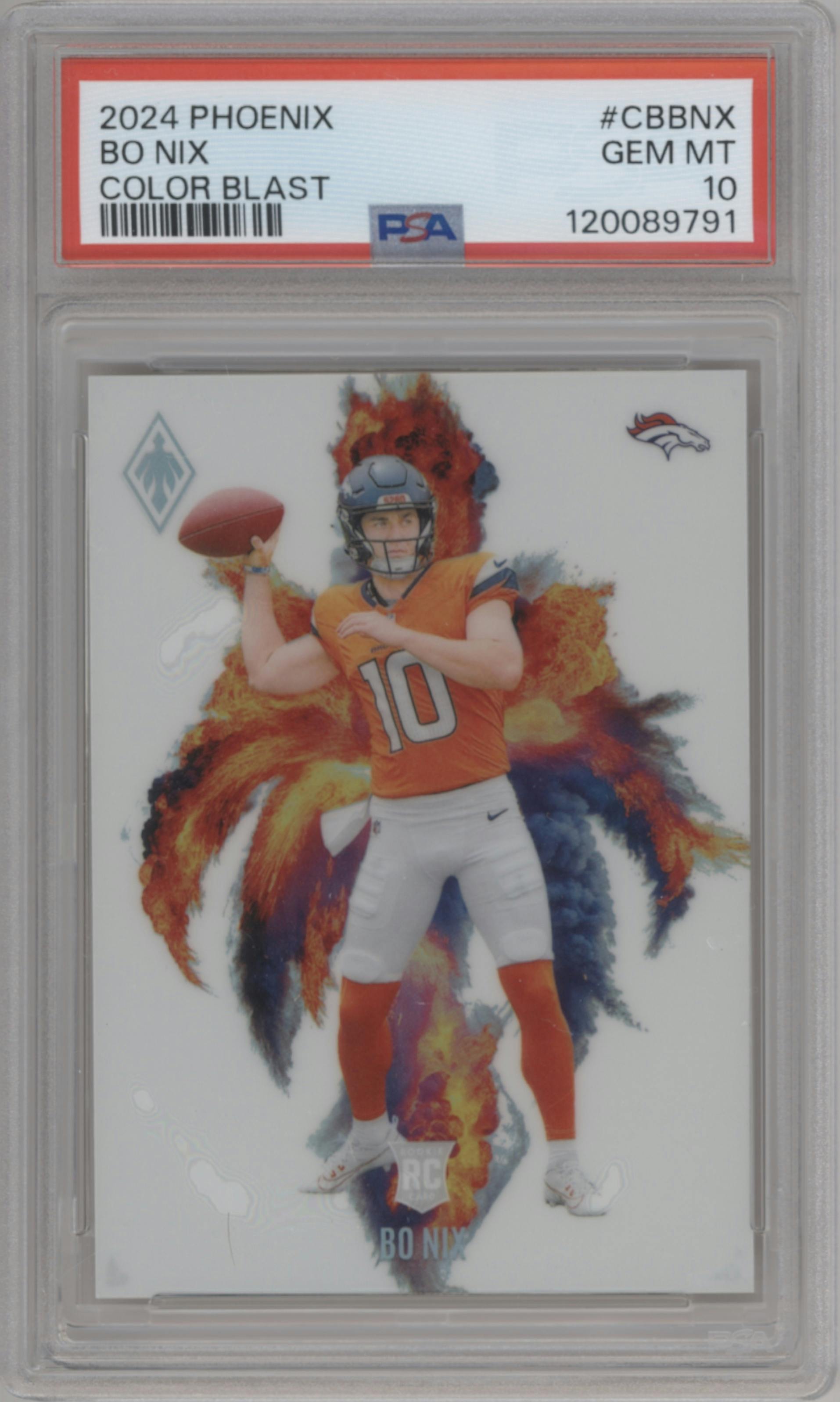 Bo Nix from the 2024 Panini Phoenix set graded by PSA and given an overall grade of 10.