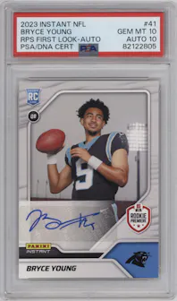 Bryce Young from the 2023 Panini NFL Instant RPS First Look set graded by PSA and given an overall grade of 10.