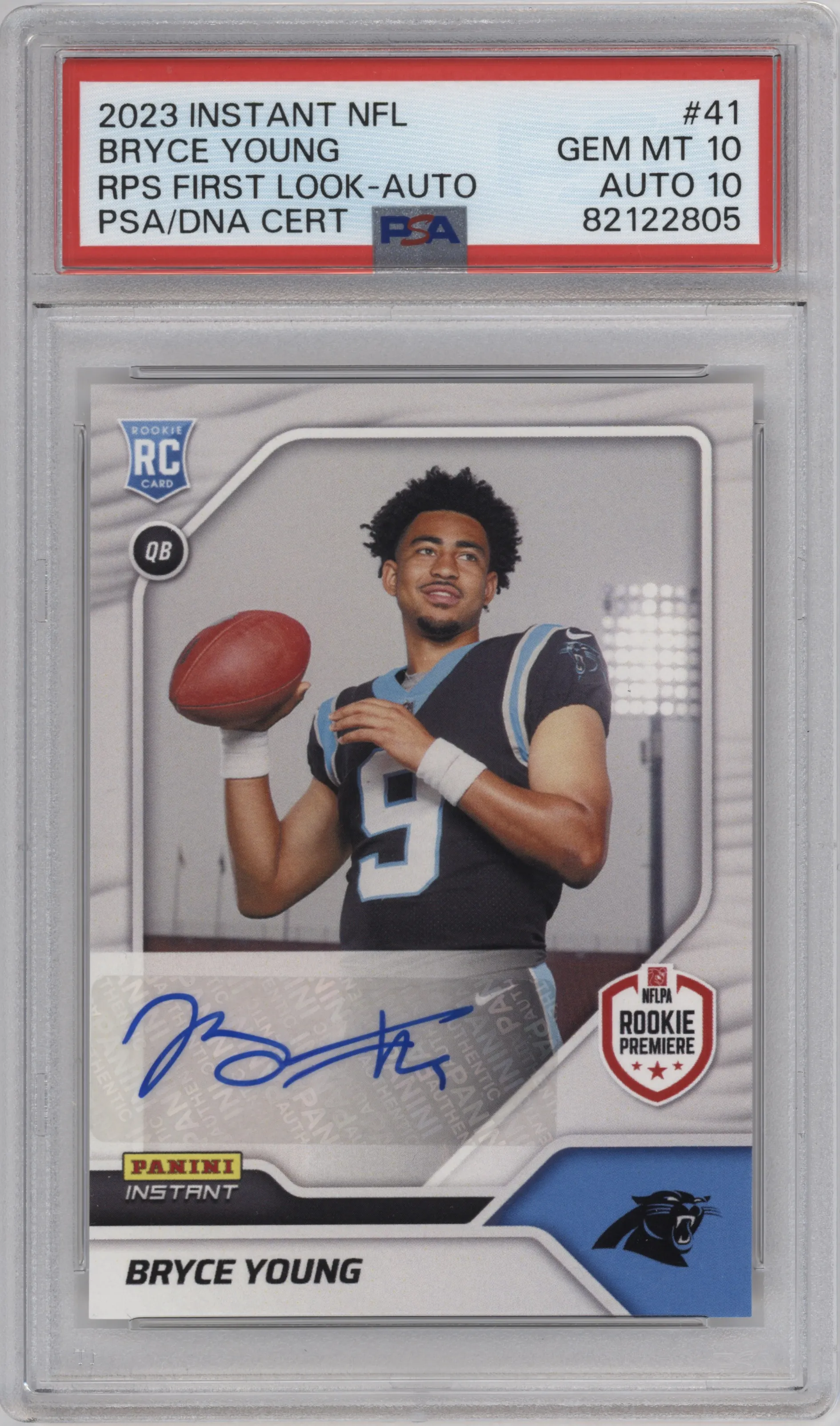 Bryce Young from the 2023 Panini NFL Instant RPS First Look set graded by PSA and given an overall grade of 10.