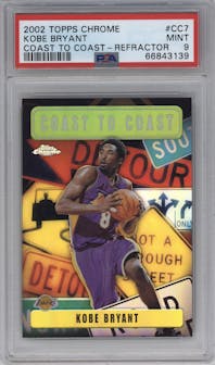 Kobe Bryant from the 2002-03 Topps Chrome set featuring a Refractor parallel graded by PSA and given an overall grade of 9.