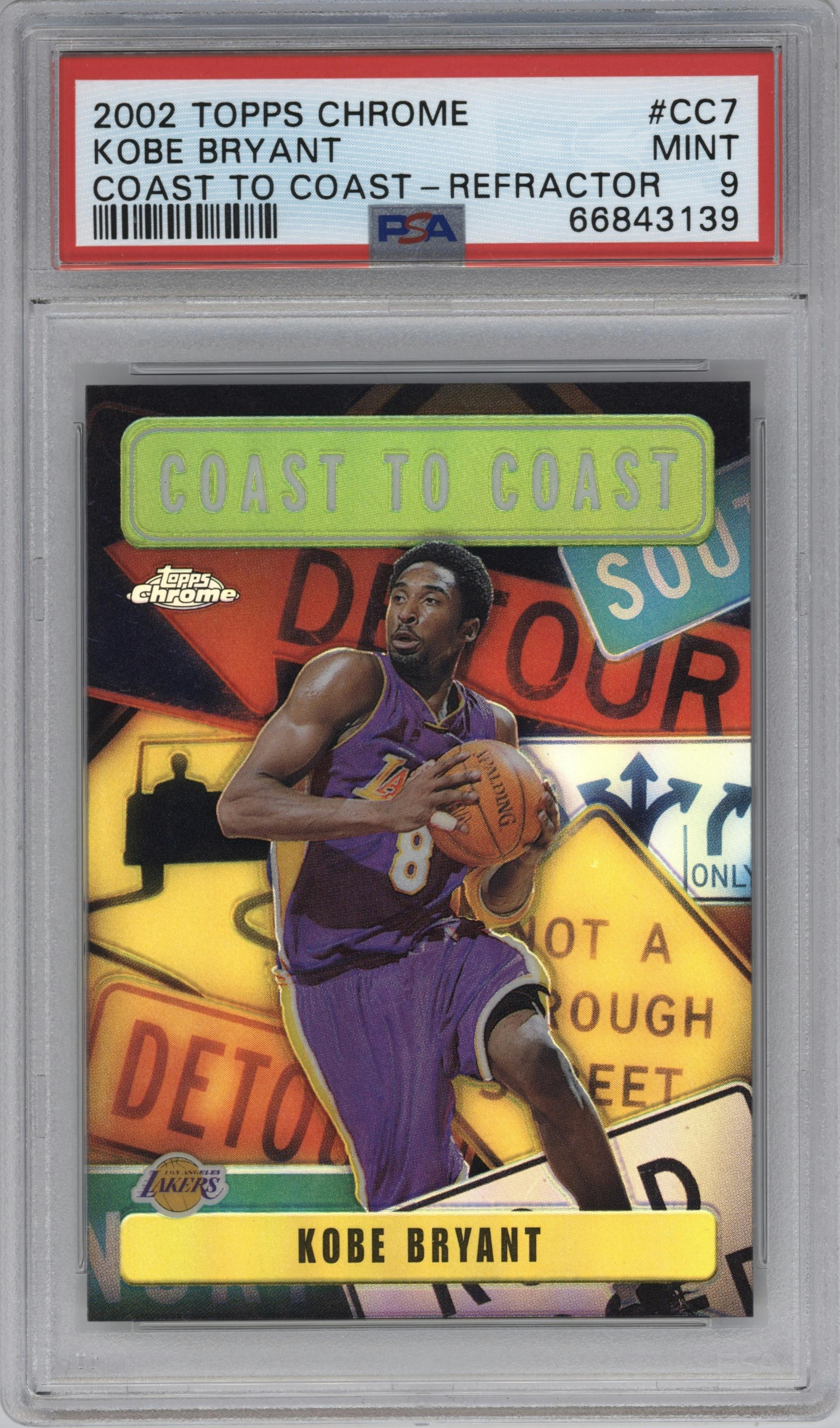 Kobe Bryant from the 2002-03 Topps Chrome set featuring a Refractor parallel graded by PSA and given an overall grade of 9.