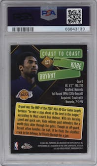 Kobe Bryant from the 2002-03 Topps Chrome set featuring a Refractor parallel graded by PSA and given an overall grade of 9.