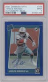 Jaylen Waddle from the 2021 Panini Donruss Optic set featuring a Blue parallel graded by PSA and given an overall grade of 9.