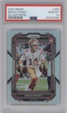 Brock Purdy from the 2022 Panini Prizm set featuring a Silver Prizm parallel graded by PSA and given an overall grade of 10.