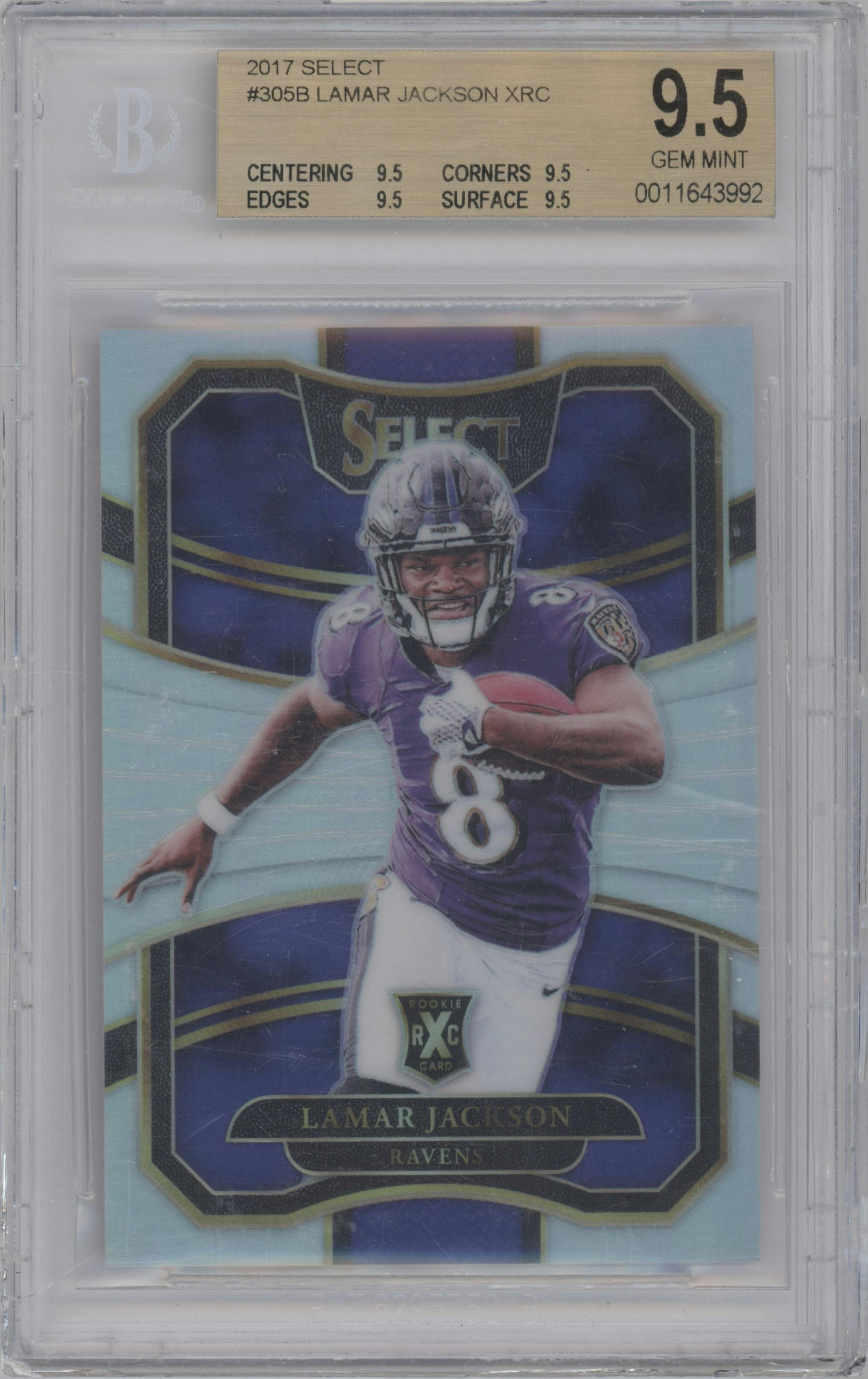 Lamar Jackson from the 2017 Panini Select set graded by Beckett and given an overall grade of 9.5.
