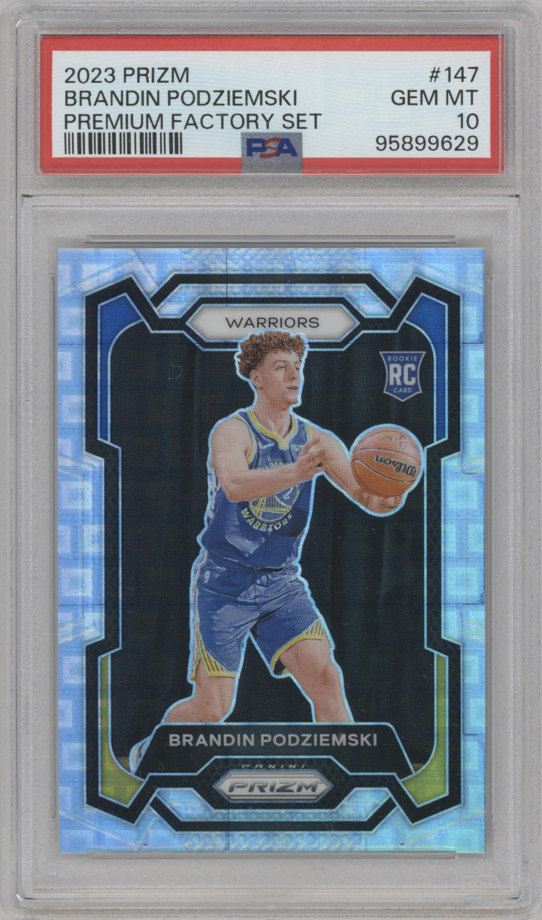 Brandin Podziemski from the 2023-24 Panini Prizm set featuring a Premium Factory Set parallel graded by PSA and given an overall grade of 10.