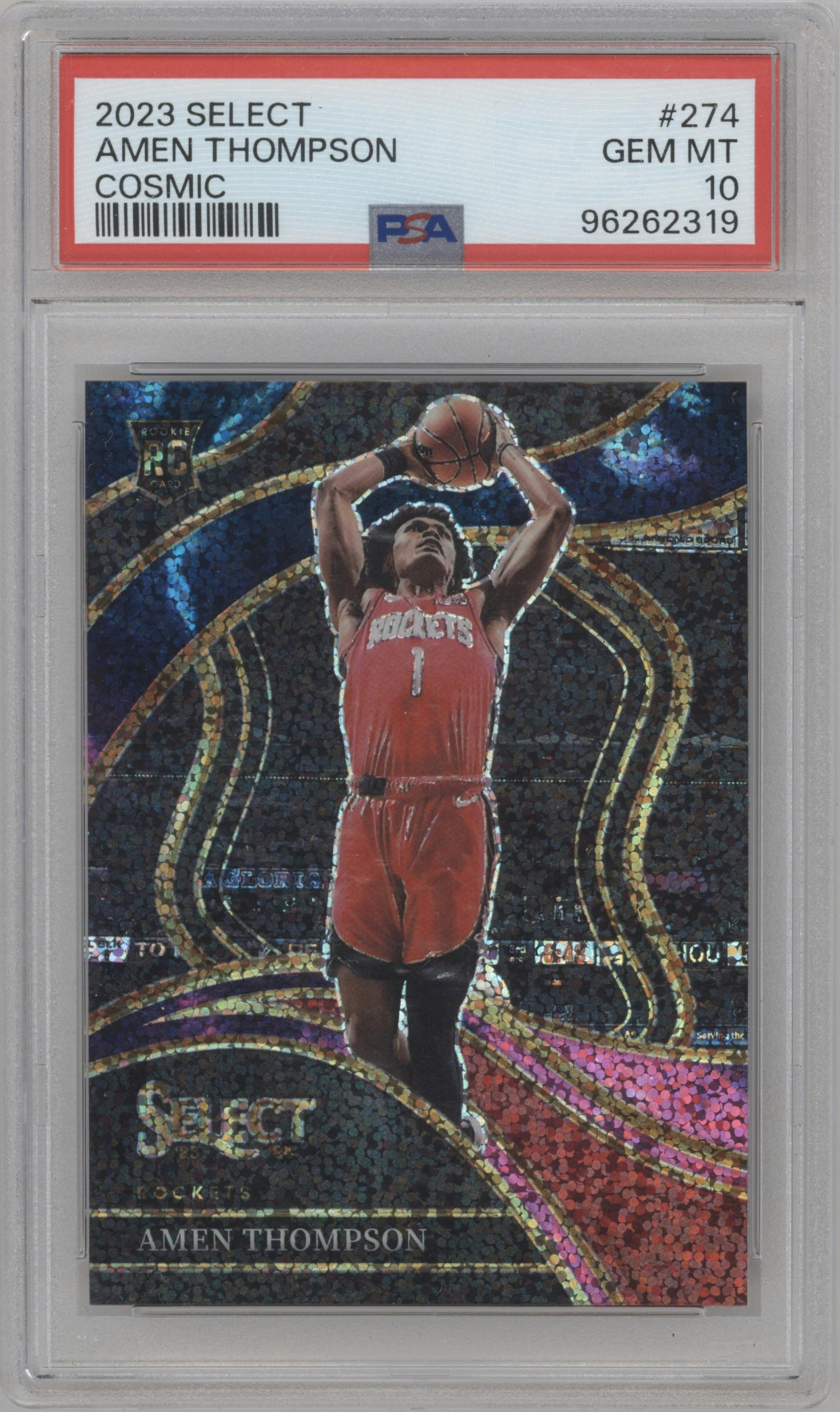 Amen Thompson from the 2023-24 Panini Select  set featuring a Cosmic parallel graded by PSA and given an overall grade of 10.