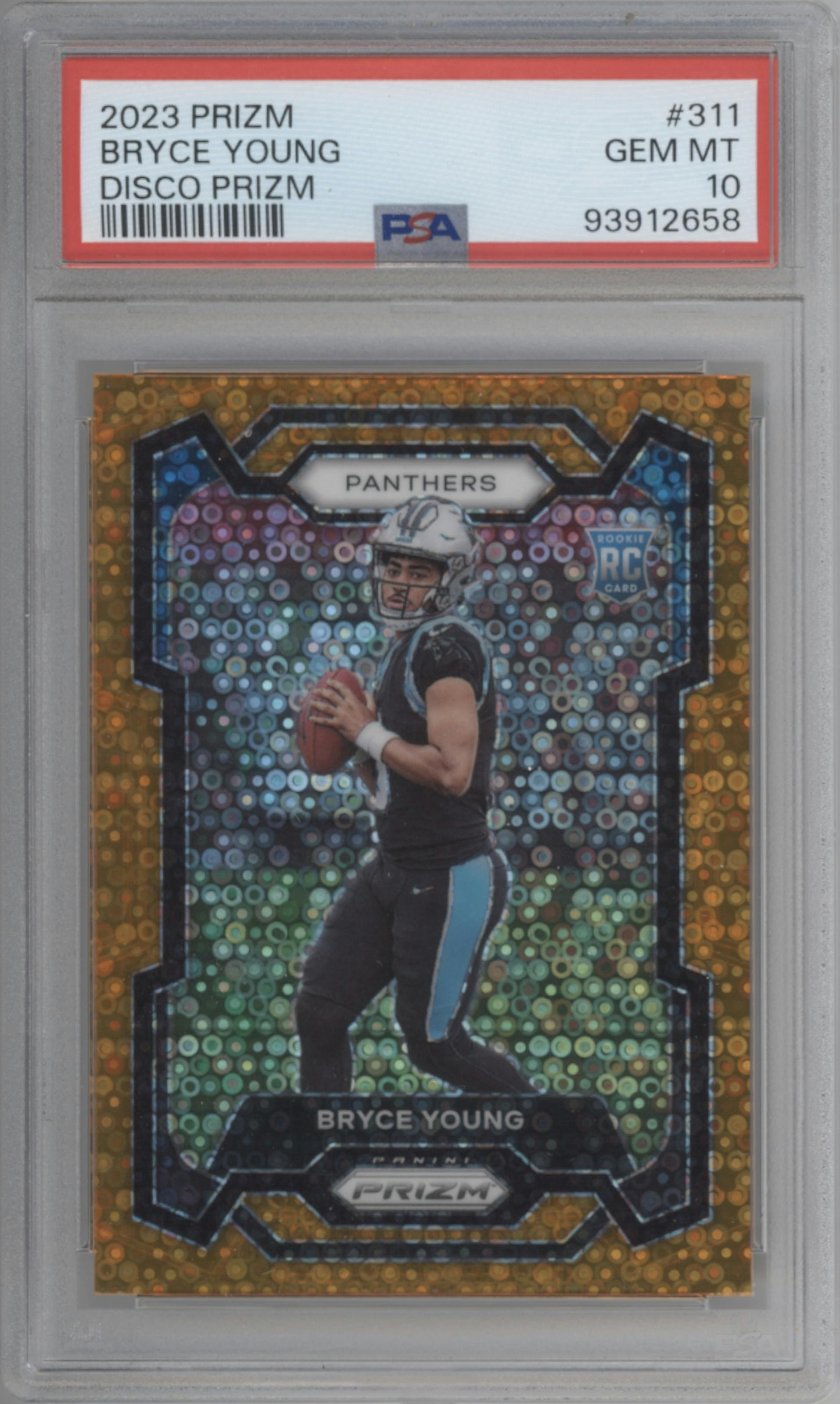 Bryce Young from the 2023 Panini Prizm set featuring a Disco parallel graded by PSA and given an overall grade of 10.