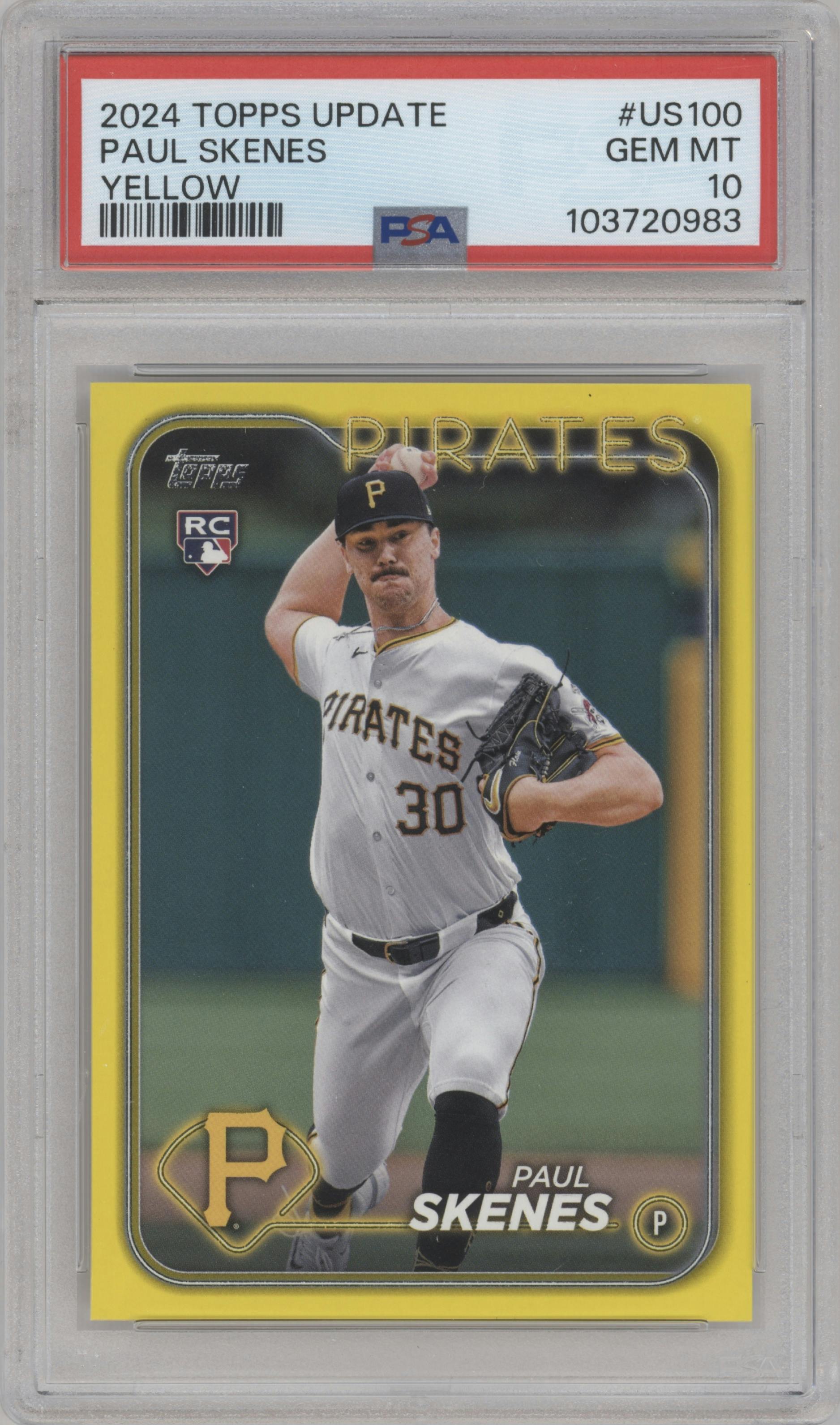 Paul Skenes from the 2024 Topps Update set featuring a Yellow  parallel graded by PSA and given an overall grade of 10.