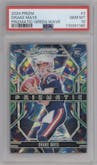 Drake Maye from the 2024 Panini Prizm set featuring a Green Wave parallel graded by PSA and given an overall grade of 10.