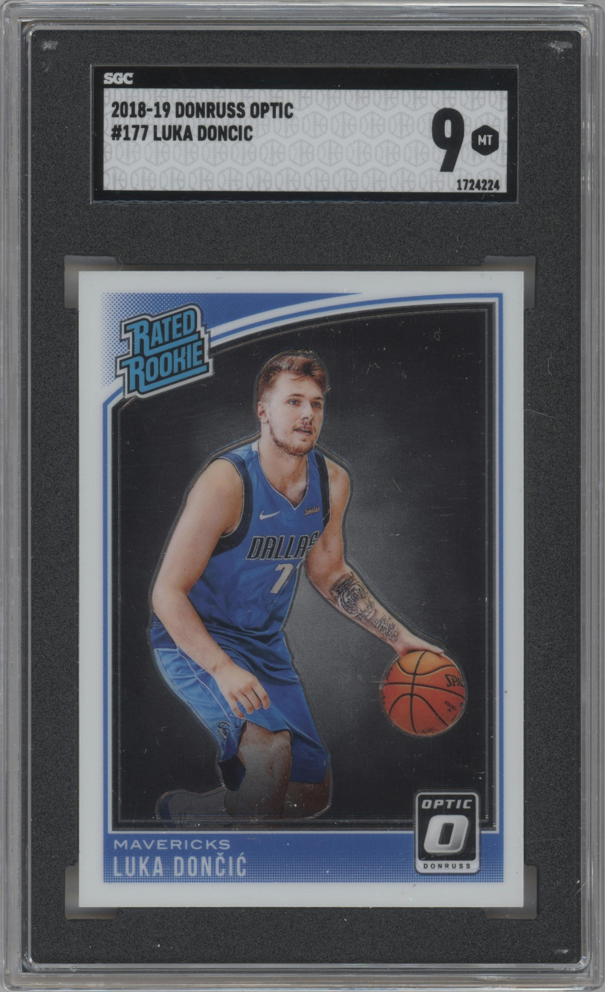 Luka Doncic from the 2018-19 Panini Donruss Optic set graded by SGC and given an overall grade of 9.