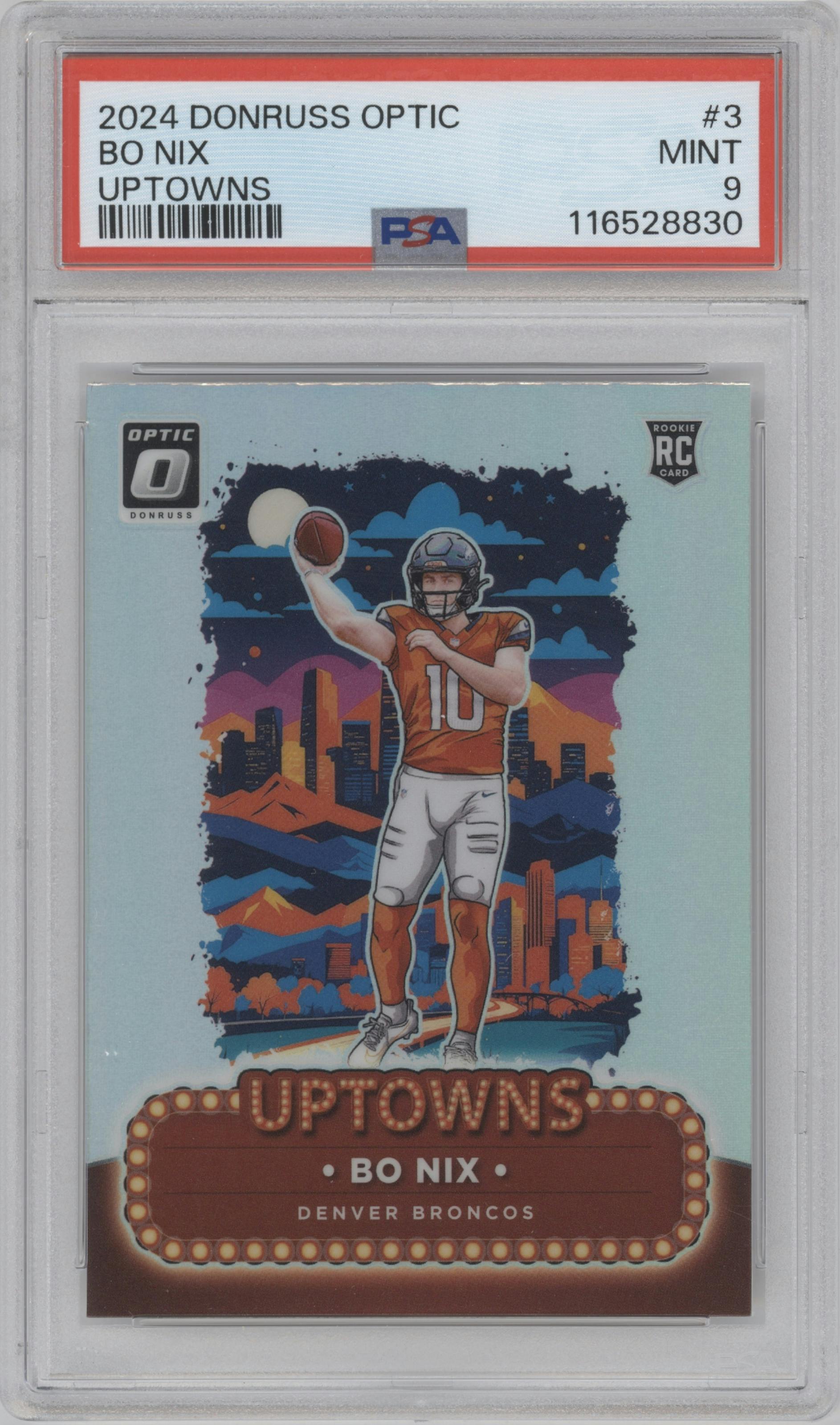 Bo Nix from the 2024 Donruss Optic set graded by PSA and given an overall grade of 9.