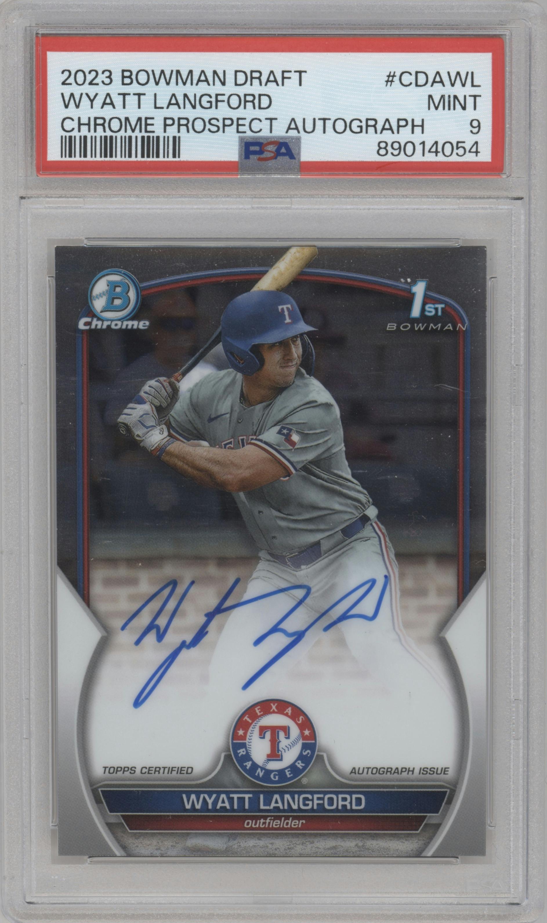 Wyatt Langford from the 2023 Bowman Draft set graded by PSA and given an overall grade of 9.