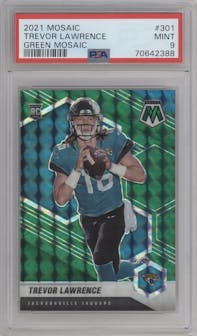 Trevor Lawrence from the 2021 Panini Mosaic set featuring a Green Mosaic parallel graded by PSA and given an overall grade of 9.