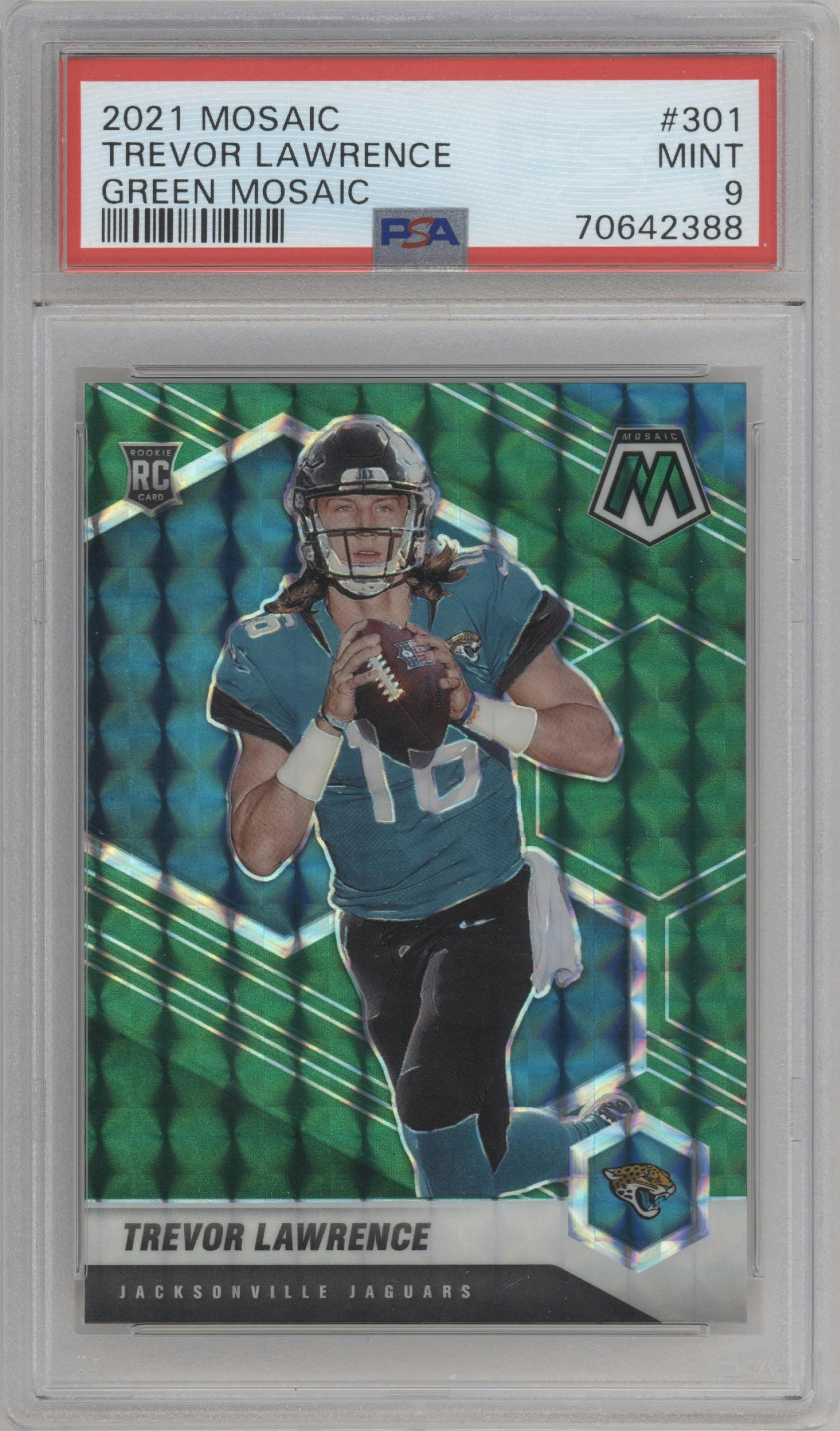 Trevor Lawrence from the 2021 Panini Mosaic set featuring a Green Mosaic parallel graded by PSA and given an overall grade of 9.