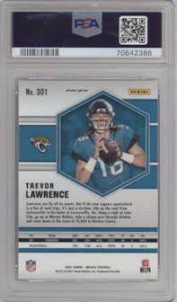 Trevor Lawrence from the 2021 Panini Mosaic set featuring a Green Mosaic parallel graded by PSA and given an overall grade of 9.