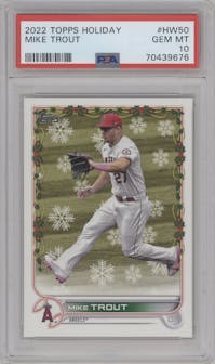 Mike Trout from the 2022 Topps Holiday set graded by PSA and given an overall grade of 10.