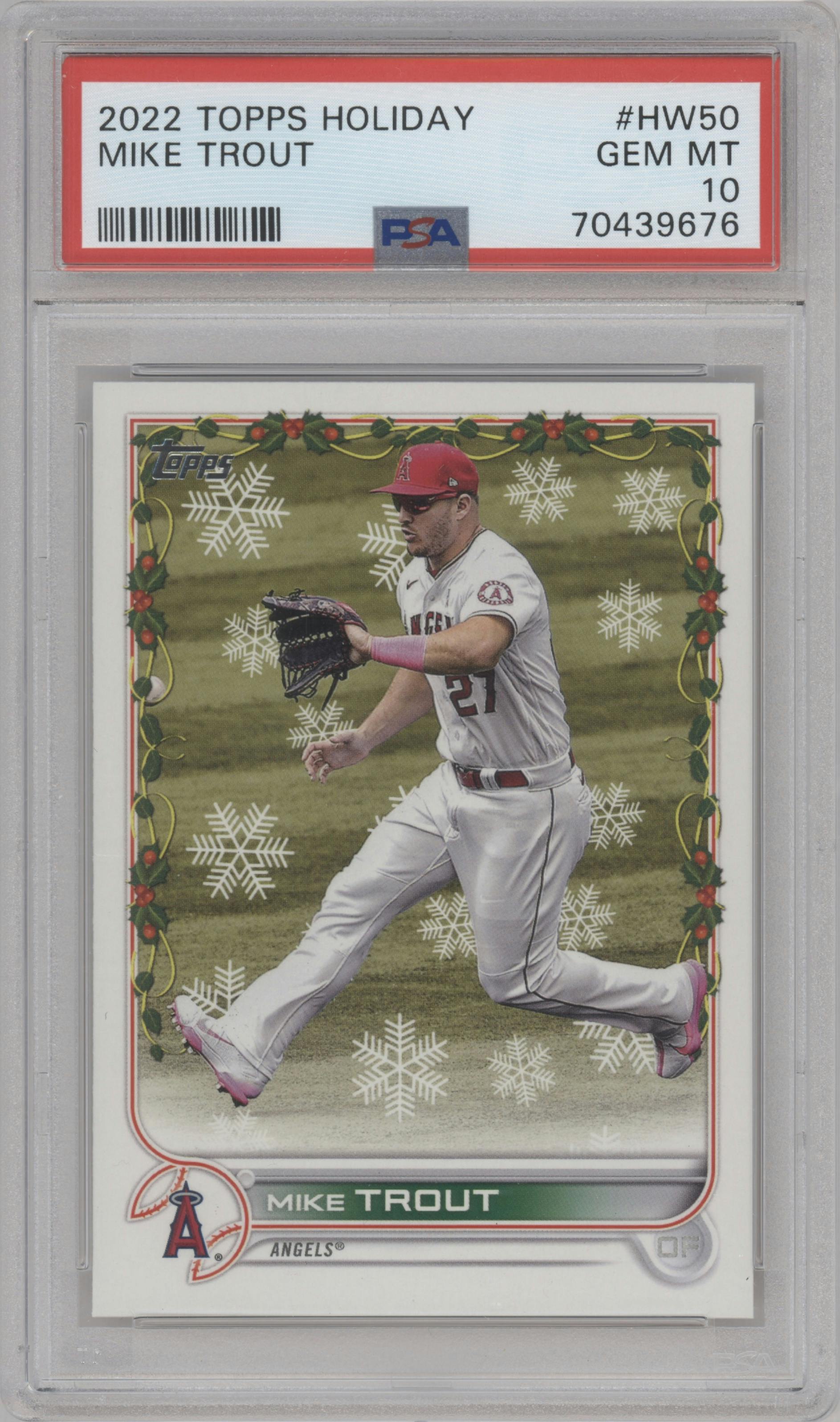 Mike Trout from the 2022 Topps Holiday set graded by PSA and given an overall grade of 10.