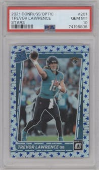Trevor Lawrence from the 2021 Panini Donruss Optic set featuring a Stars parallel graded by PSA and given an overall grade of 10.