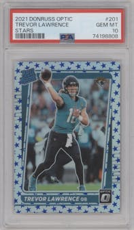 Trevor Lawrence from the 2021 Panini Donruss Optic set featuring a Stars parallel graded by PSA and given an overall grade of 10.