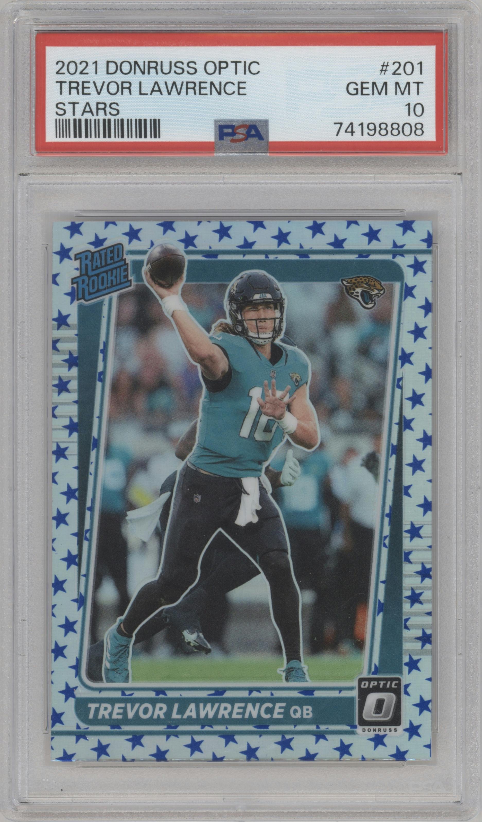 Trevor Lawrence from the 2021 Panini Donruss Optic set featuring a Stars parallel graded by PSA and given an overall grade of 10.