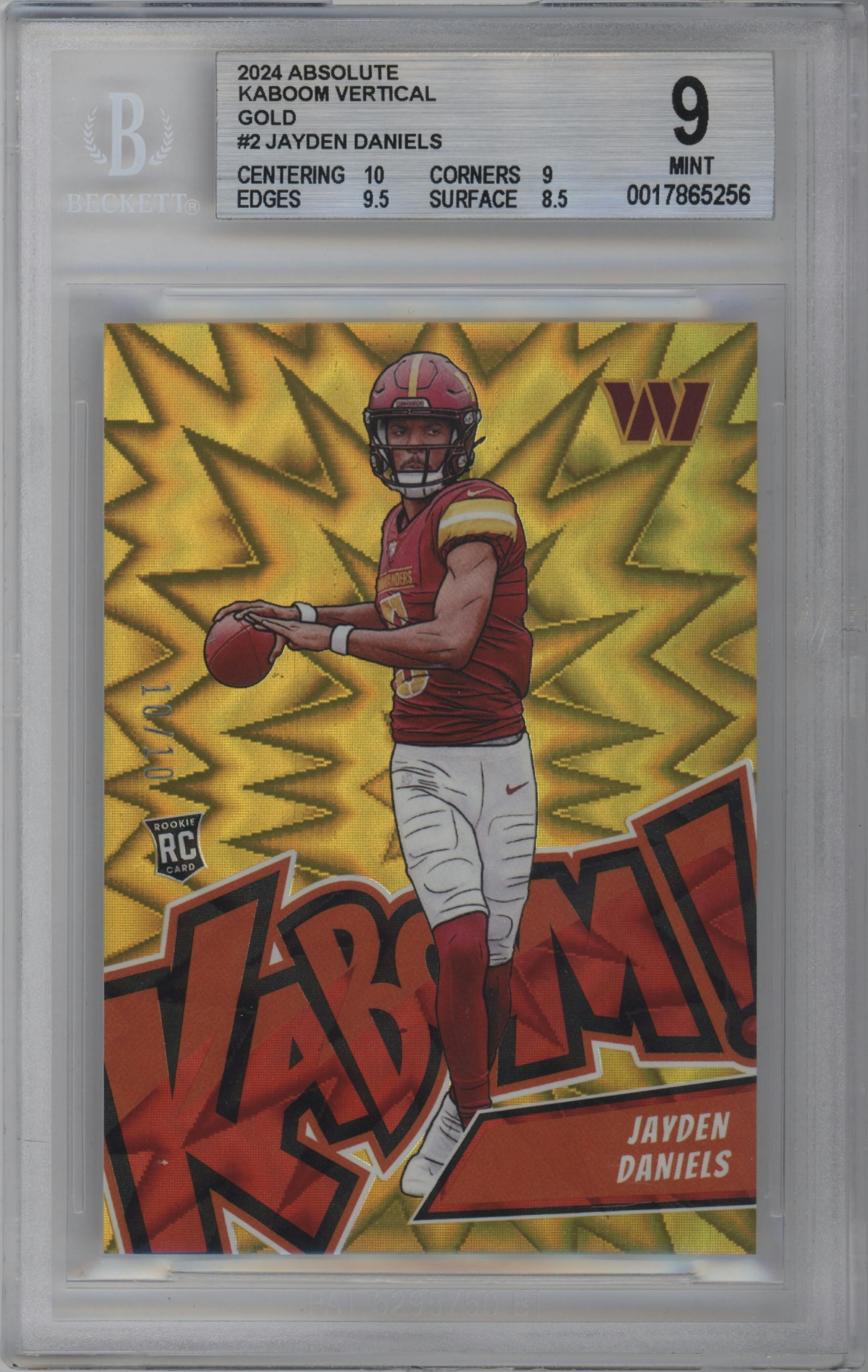 Jayden Daniels from the 2024 Panini Absolute set featuring a Gold parallel graded by Beckett and given an overall grade of 9.