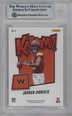 Jayden Daniels from the 2024 Panini Absolute set featuring a Gold parallel graded by Beckett and given an overall grade of 9.