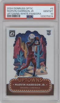 Marvin Harrison Jr. from the 2024 Donruss Optic set featuring a White Pandora parallel graded by PSA and given an overall grade of 10.