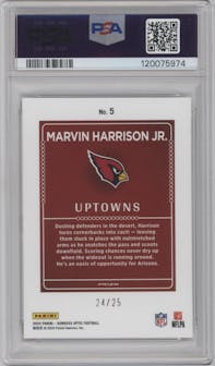 Marvin Harrison Jr. from the 2024 Donruss Optic set featuring a White Pandora parallel graded by PSA and given an overall grade of 10.