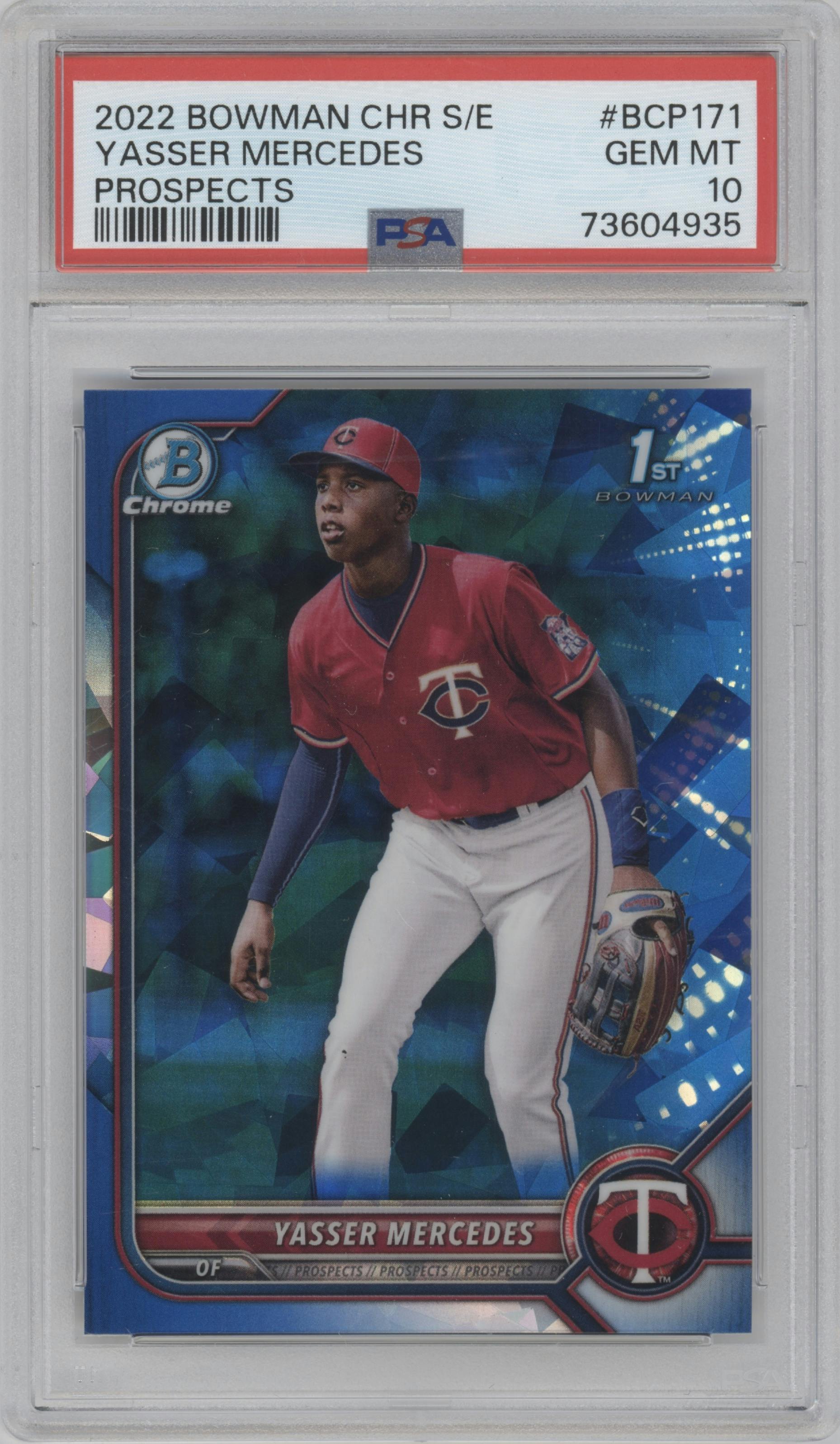 Yasser Mercedes from the 2022 Bowman Chrome Sapphire Edition set graded by PSA and given an overall grade of 10.