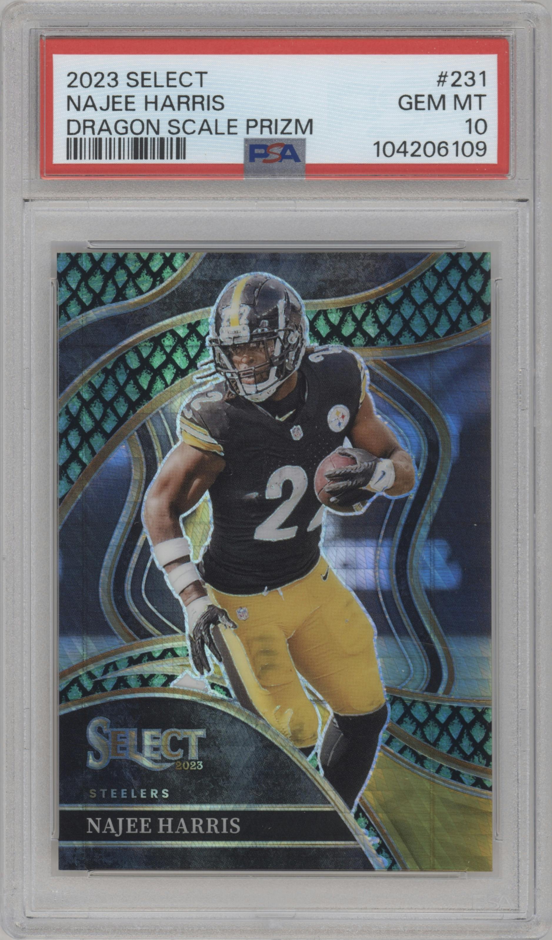 Najee Harris from the 2023 Panini Select set featuring a Dragon Scale parallel graded by PSA and given an overall grade of 10.