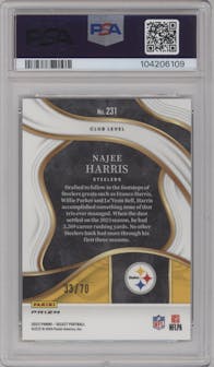 Najee Harris from the 2023 Panini Select set featuring a Dragon Scale parallel graded by PSA and given an overall grade of 10.