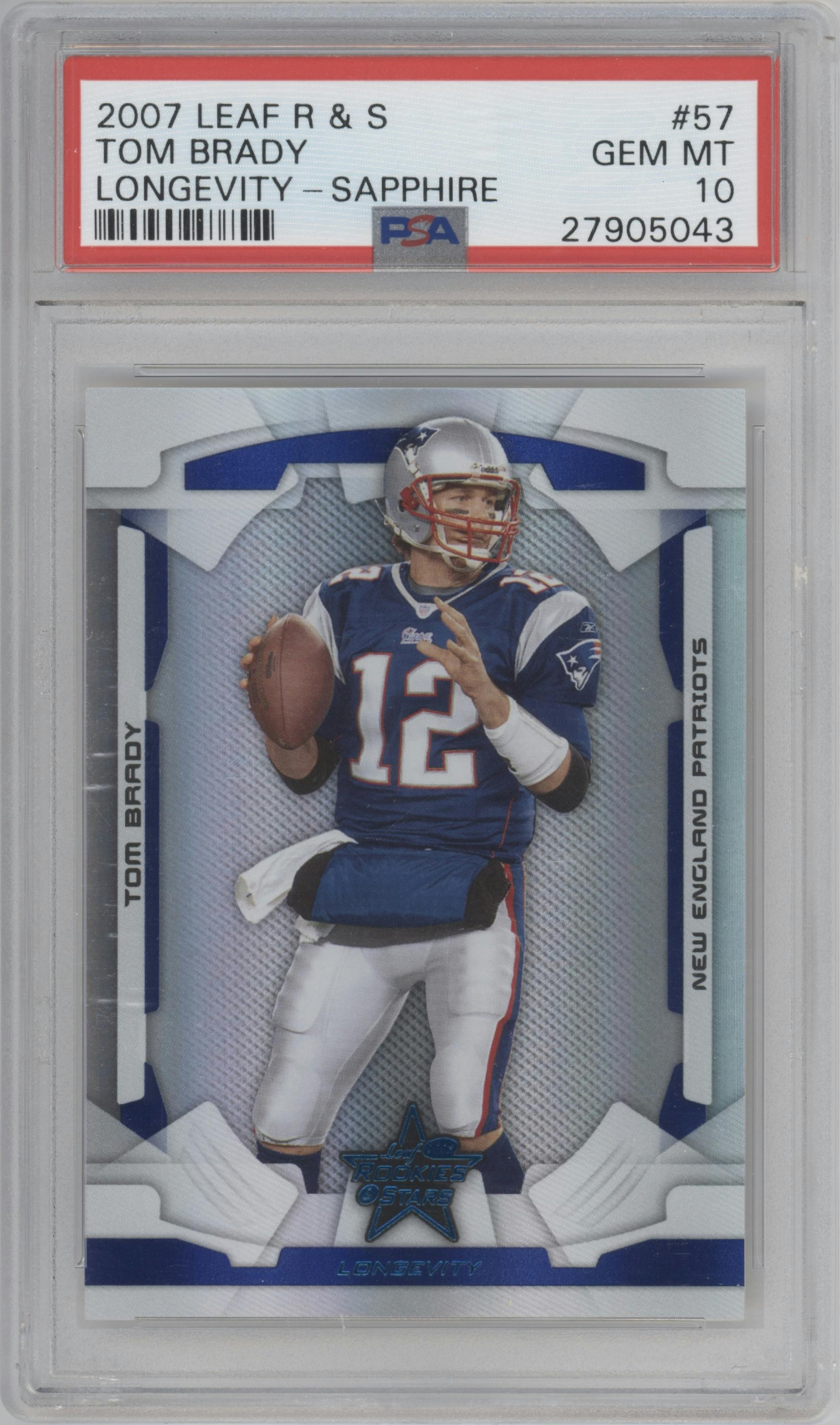 Tom Brady from the 2008 Leaf Rookies & Stars Longevity set featuring a Sapphire parallel graded by PSA and given an overall grade of 10.